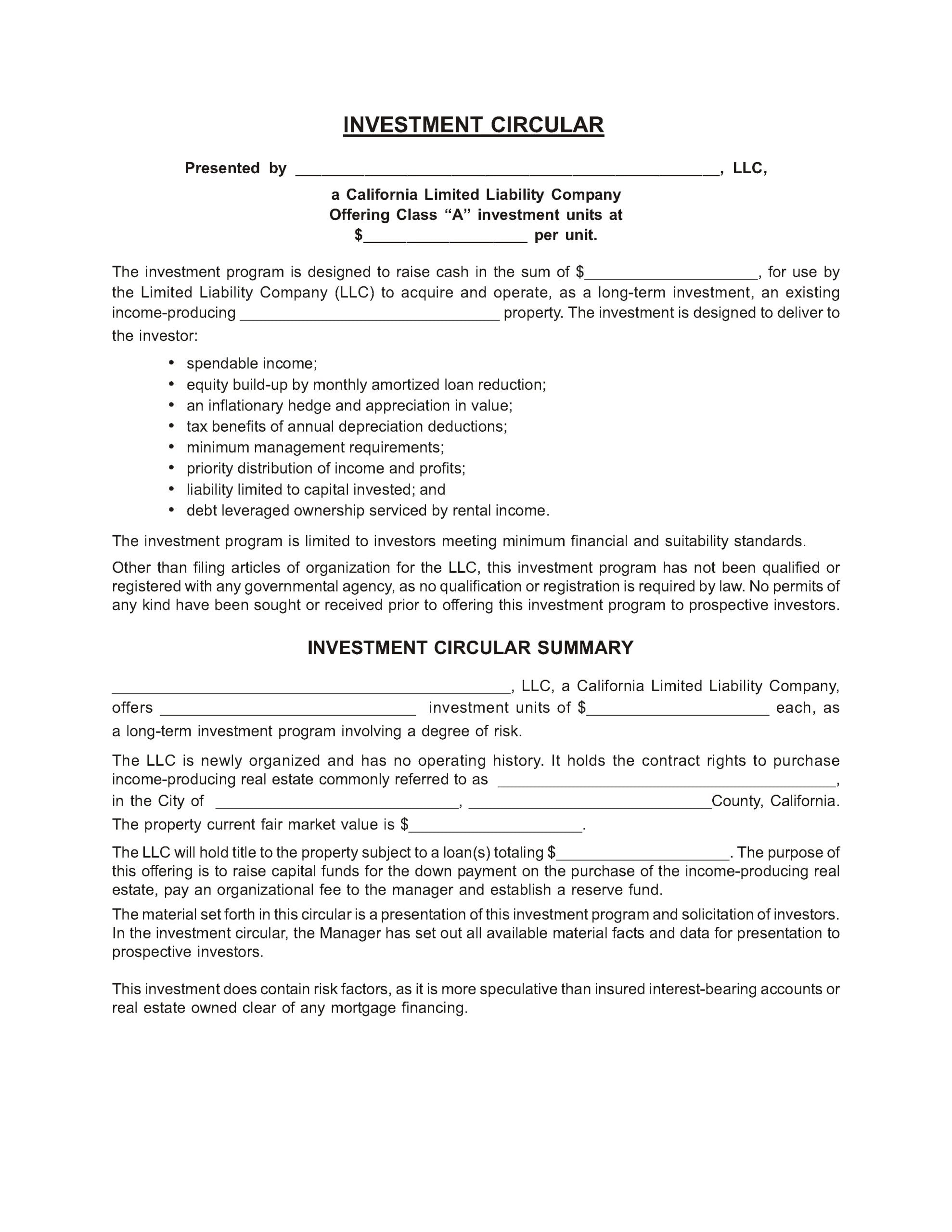 Investment Circular — LLC — RPI Form 371 firsttuesday Journal