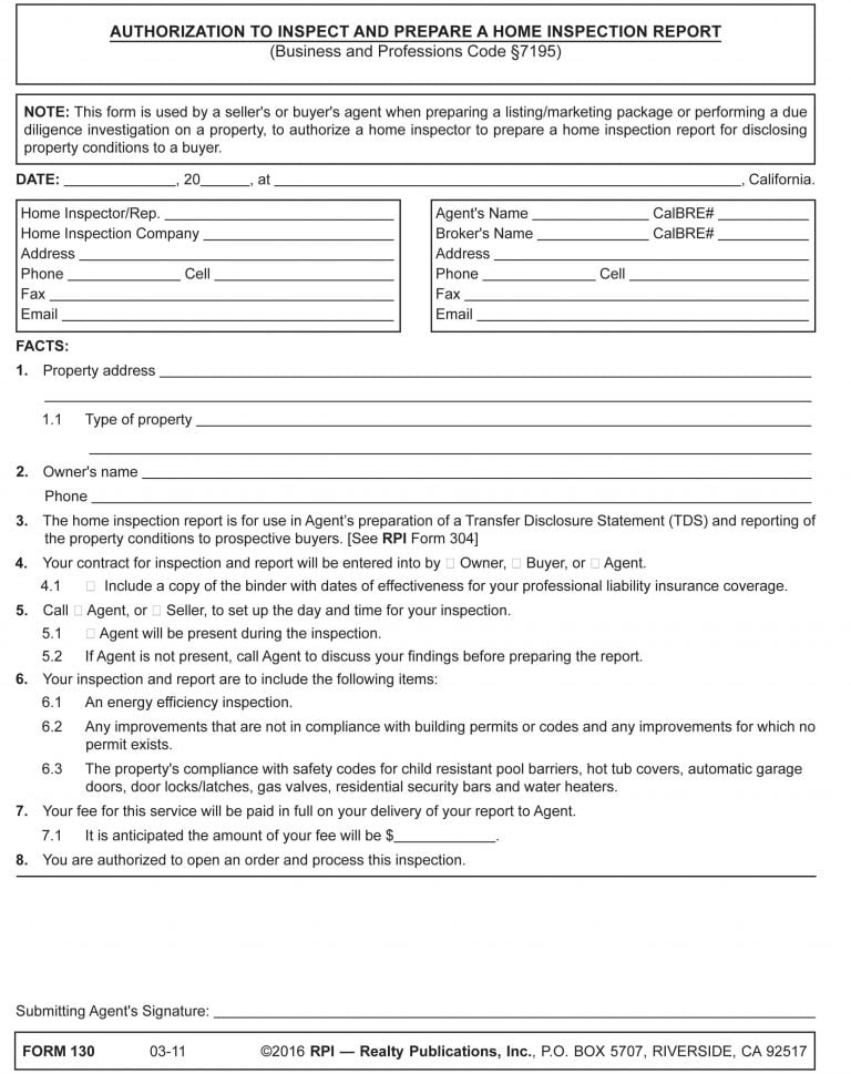 Authorization to Inspect and Prepare a Home Inspection Report (Calif