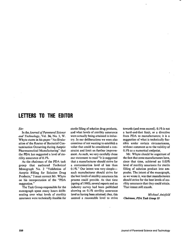 Letters to the Editor PDA Journal of Pharmaceutical Science and