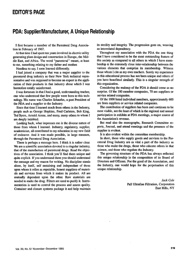 PDA Supplier/Manufacturer, A Unique Relationship PDA Journal of