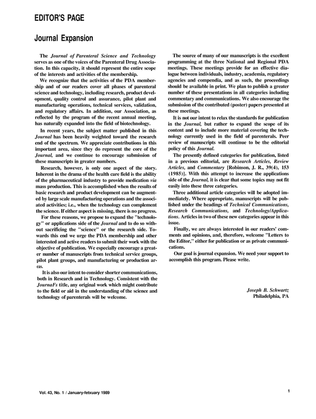 Journal Expansion PDA Journal of Pharmaceutical Science and Technology