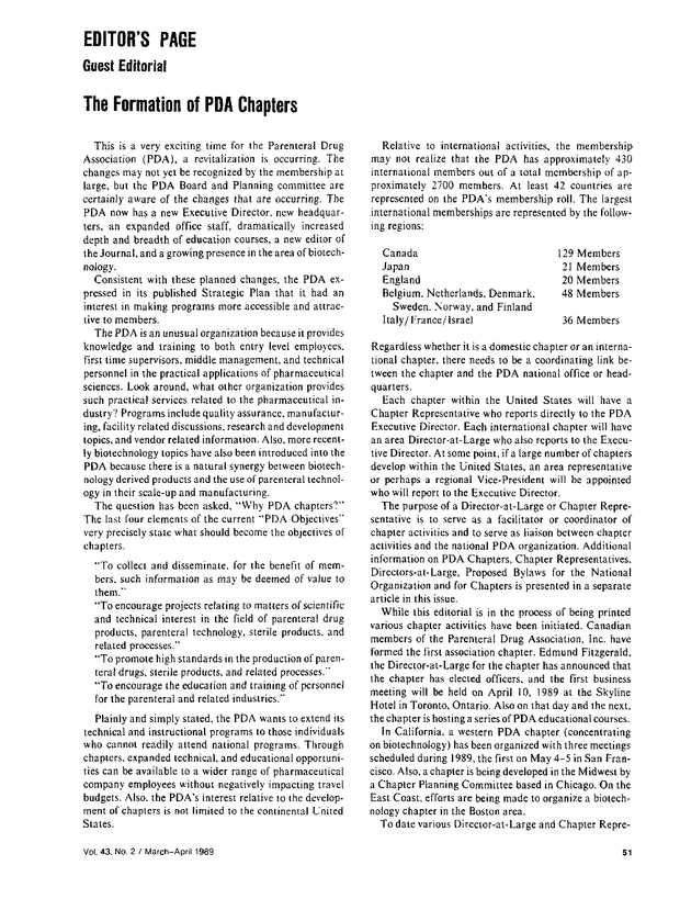 The Formation of PDA Chapters PDA Journal of Pharmaceutical Science