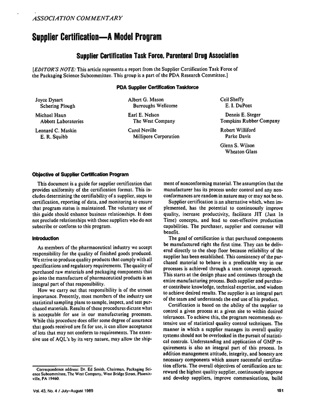 Supplier Certification—A Model Program PDA Journal of Pharmaceutical