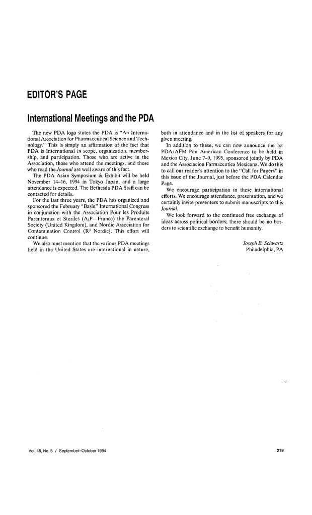 International Meetings and the PDA PDA Journal of Pharmaceutical