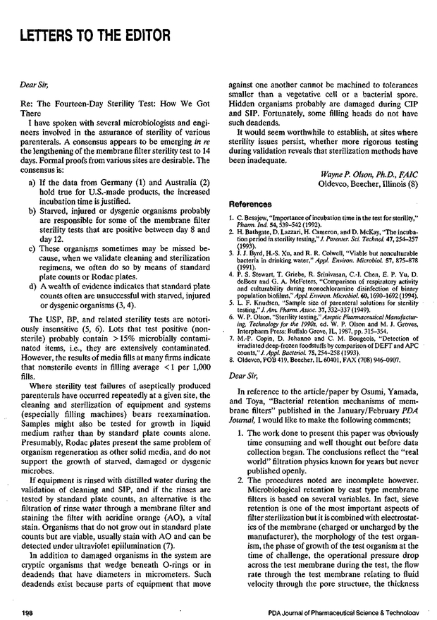 LETTERS TO THE EDITOR PDA Journal of Pharmaceutical Science and