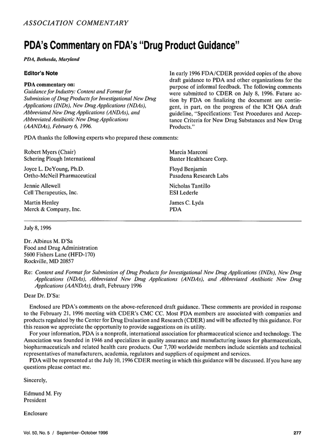 PDA's Commentary on FDA's “Drug Product Guidance” PDA Journal of