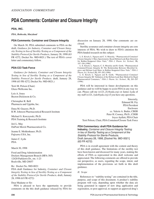 PDA Comments Container and Closure Integrity PDA Journal of