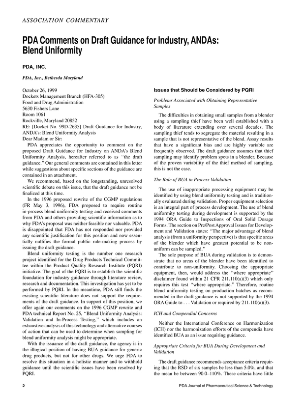 PDA Comments on Draft Guidance for Industry, ANDAs Blend Uniformity