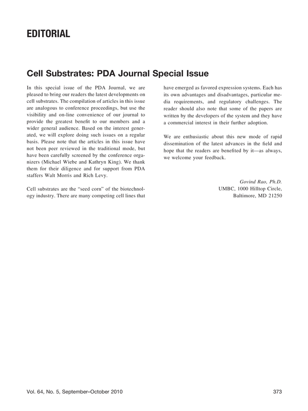 Cell Substrates PDA Journal Special Issue PDA Journal of