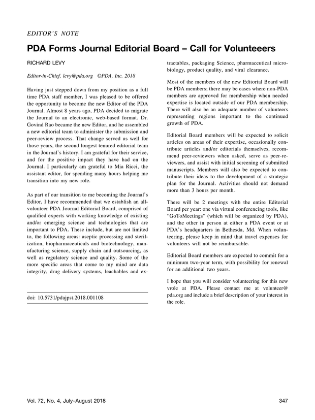 PDA Forms Journal Editorial Board Call for Volunteeers PDA Journal