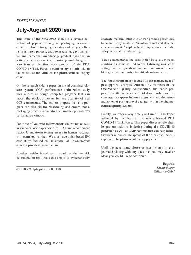 JulyAugust 2020 Issue PDA Journal of Pharmaceutical Science and