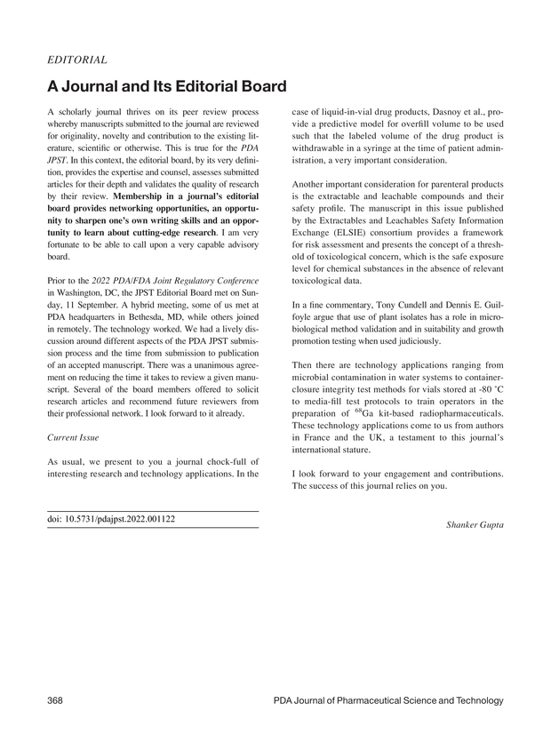 A Journal and Its Editorial Board PDA Journal of Pharmaceutical