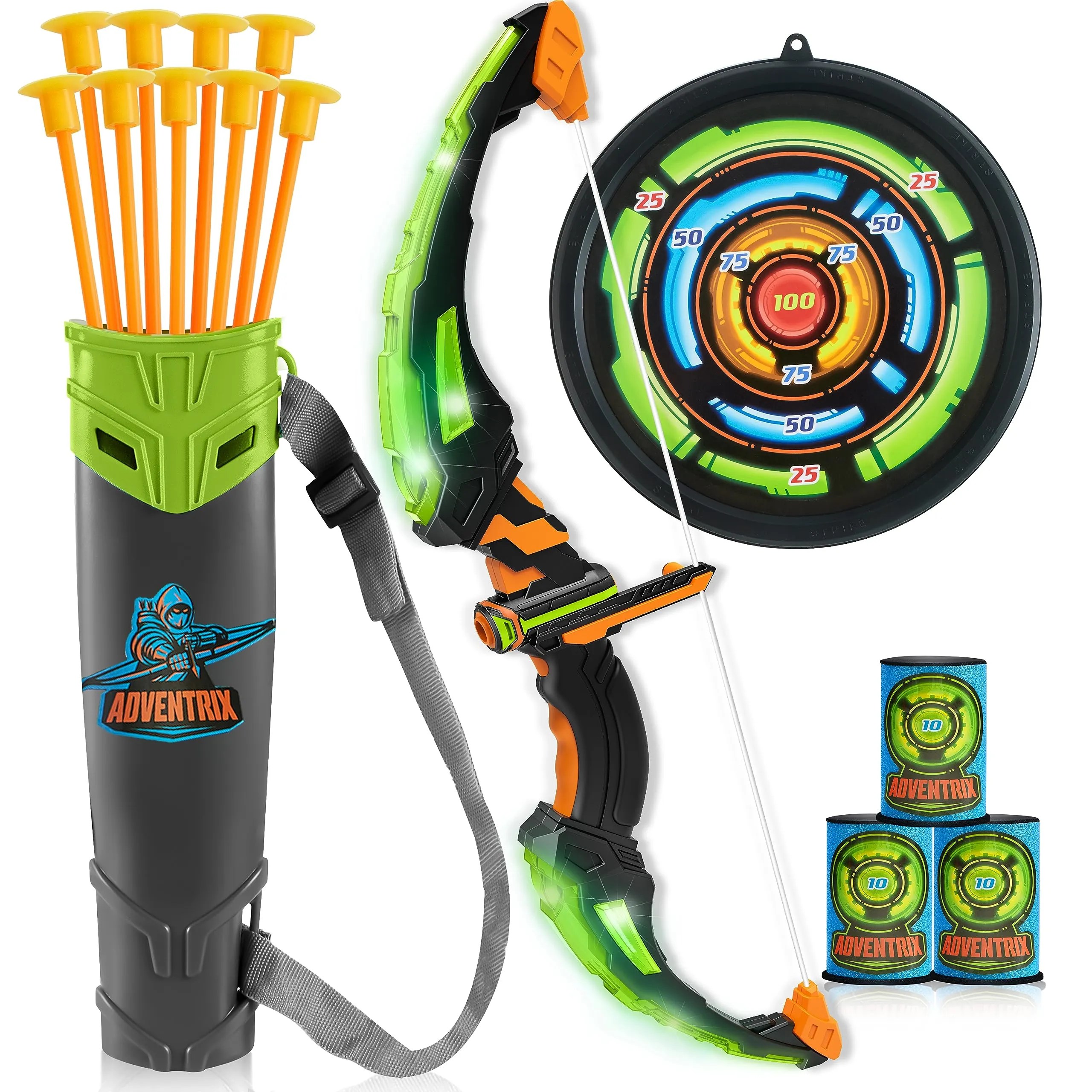 Kids LED Light Up Archery Toy Set with Suction Cup Arrows, Target & Ar