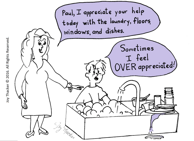 Humorous cartoon of child helping mom with housework.