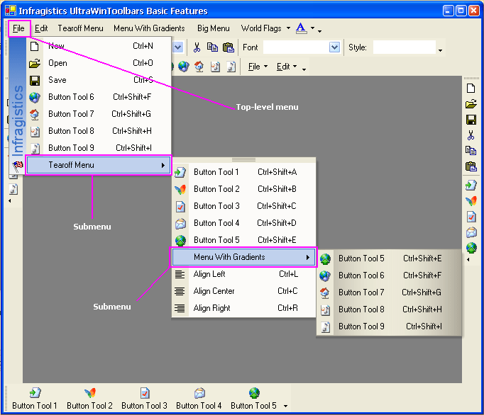 メニュー操作 Infragistics Windows Forms™ ヘルプ