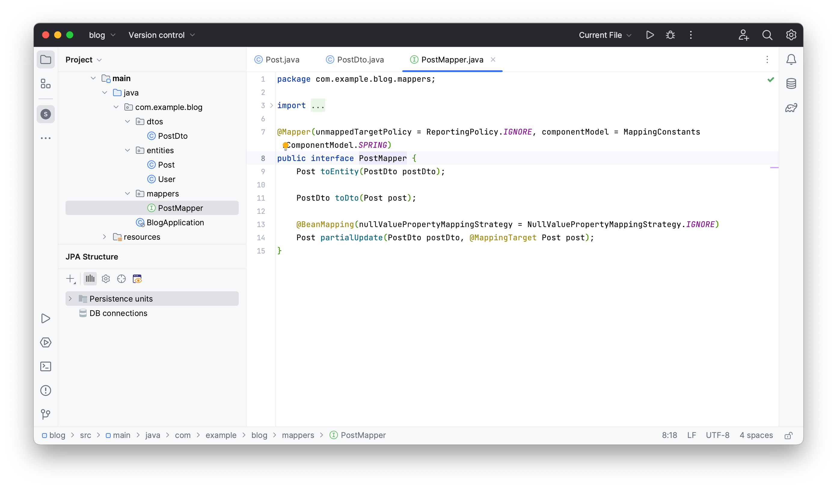 Use DTOs and MapStruct mappers in IntelliJ IDEA most efficiently JPA
