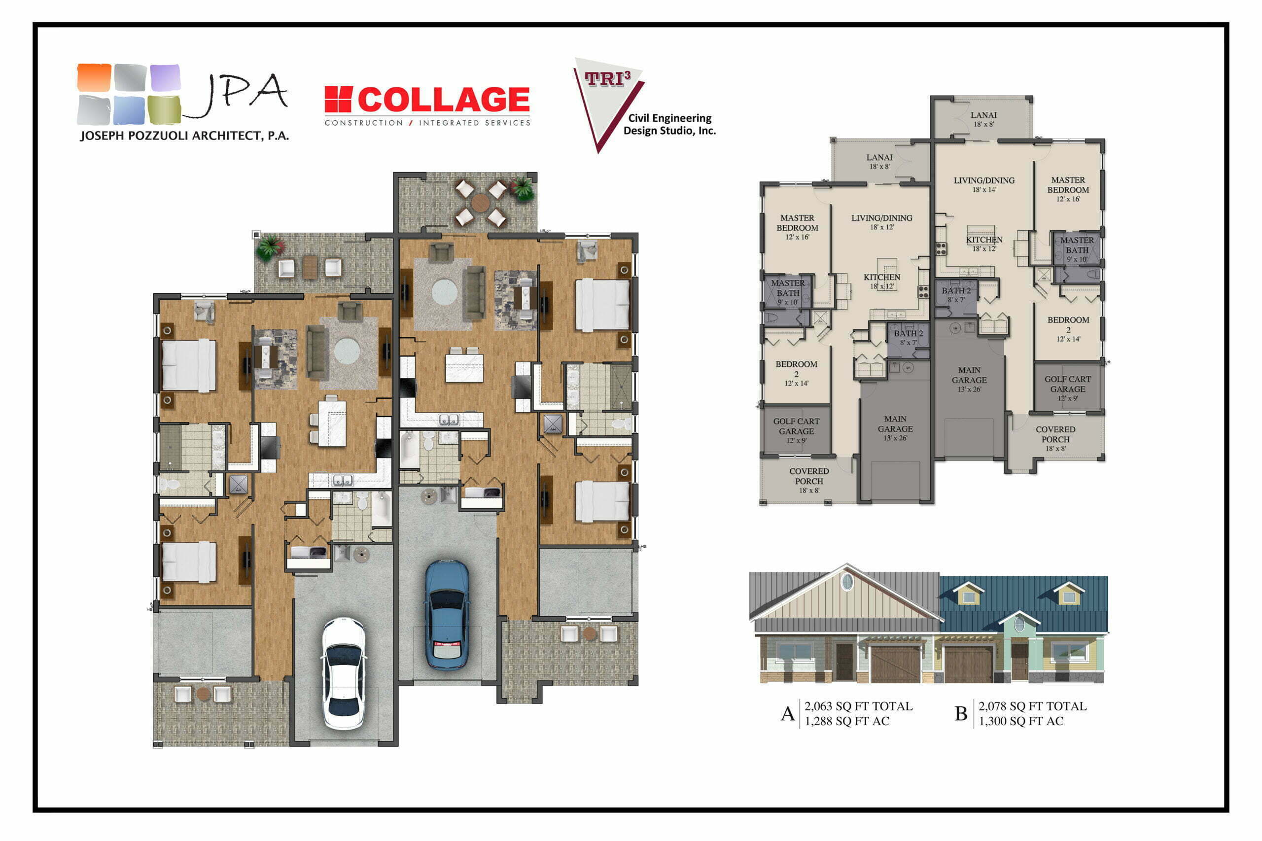 Custom Duplexes Rendering, Edgewater, FL JPA Flagler Beach Architects