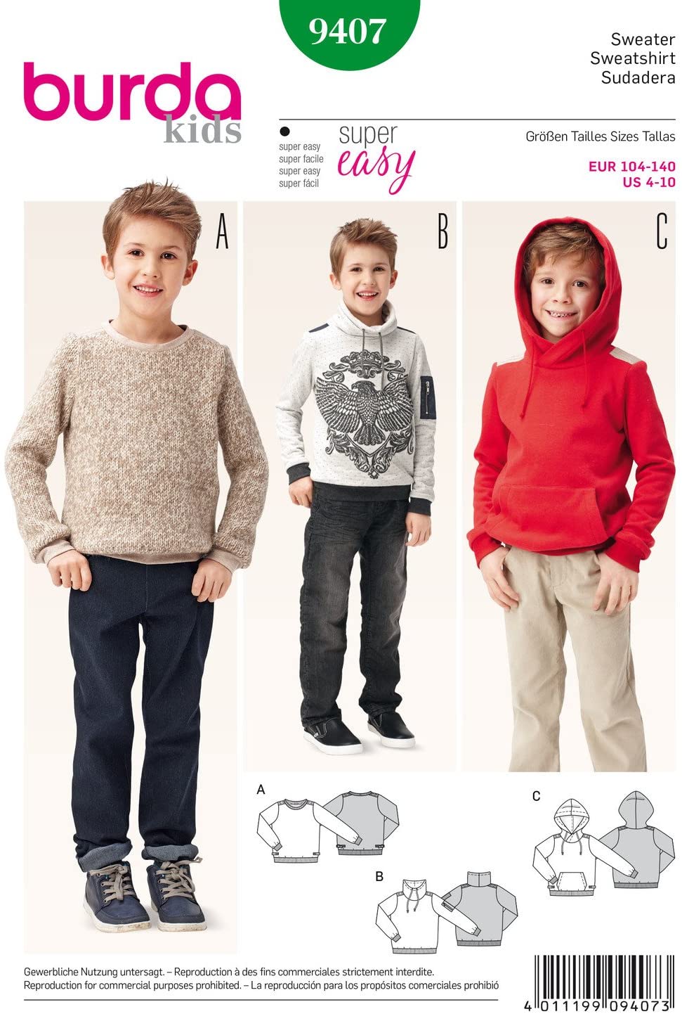 Burda Schnittmuster 9407 Kinder Sweater und Pulli und Hoody JP Stoff Export
