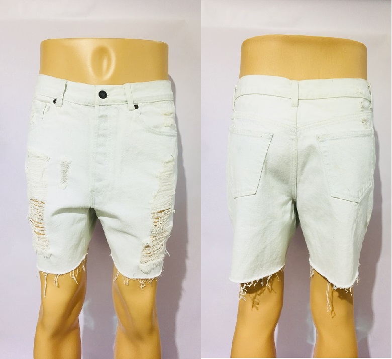 White Distressed Shorts Ripped Denim Jeans Shorts Raw Cut Hem For Men