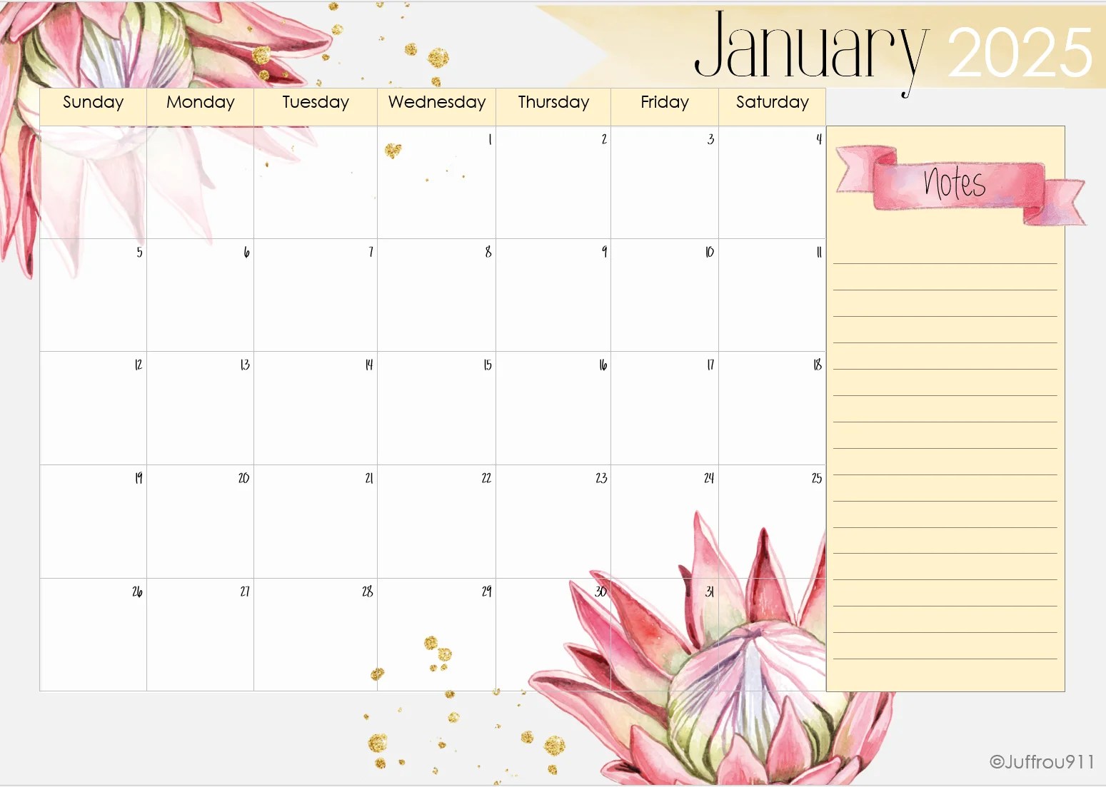 A3 Protea calendar 2025 Juffrou 911