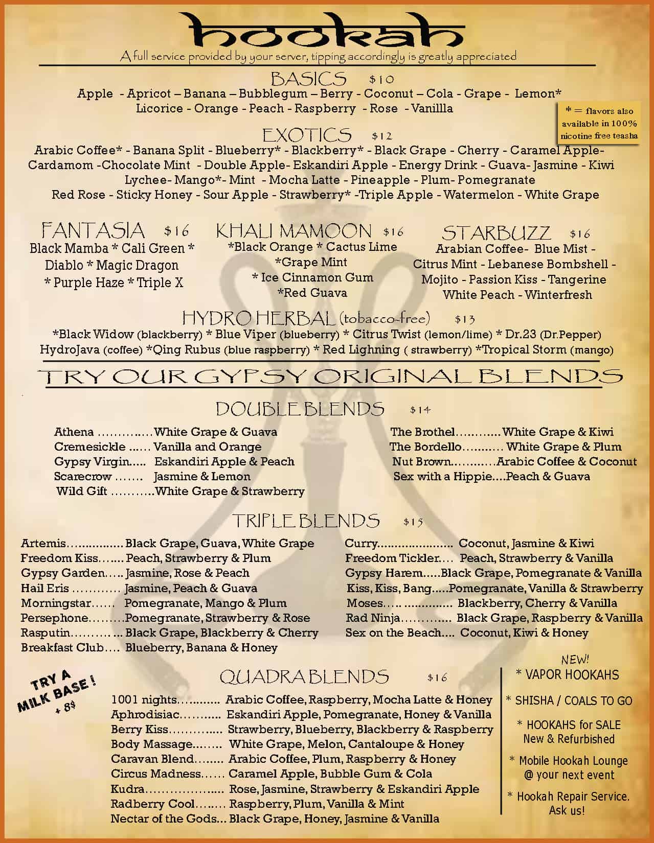 Hookah Menu Juggling Gypsy Bar Cafe & Hookah Lounge Wilmington NC