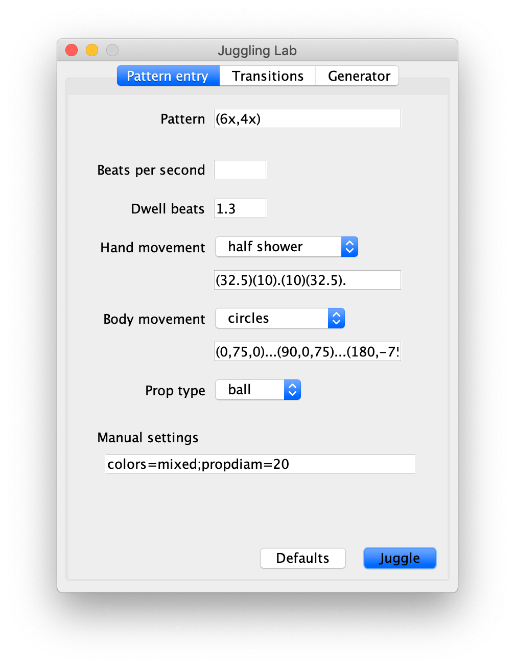 Juggling Lab siteswap input panel