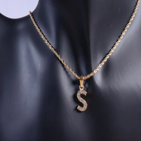 Initial Zircon Pendant Gold Rope Chain Julurie