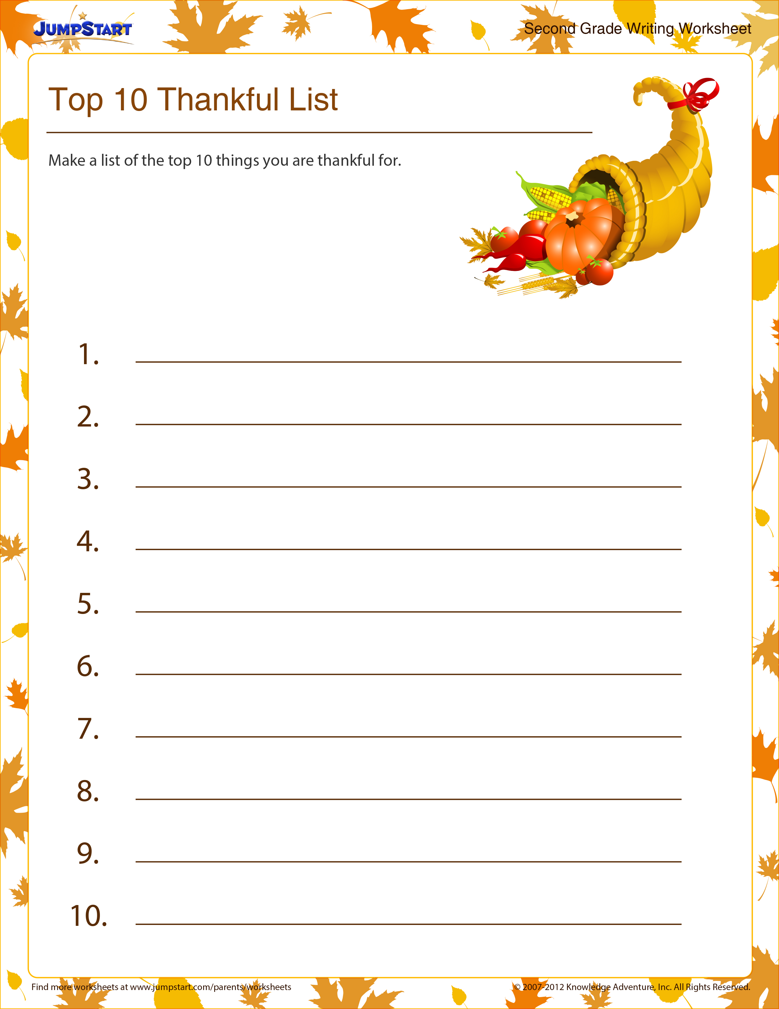 Worksheet of the Week Top 10 Thankful List The JumpStart Blog