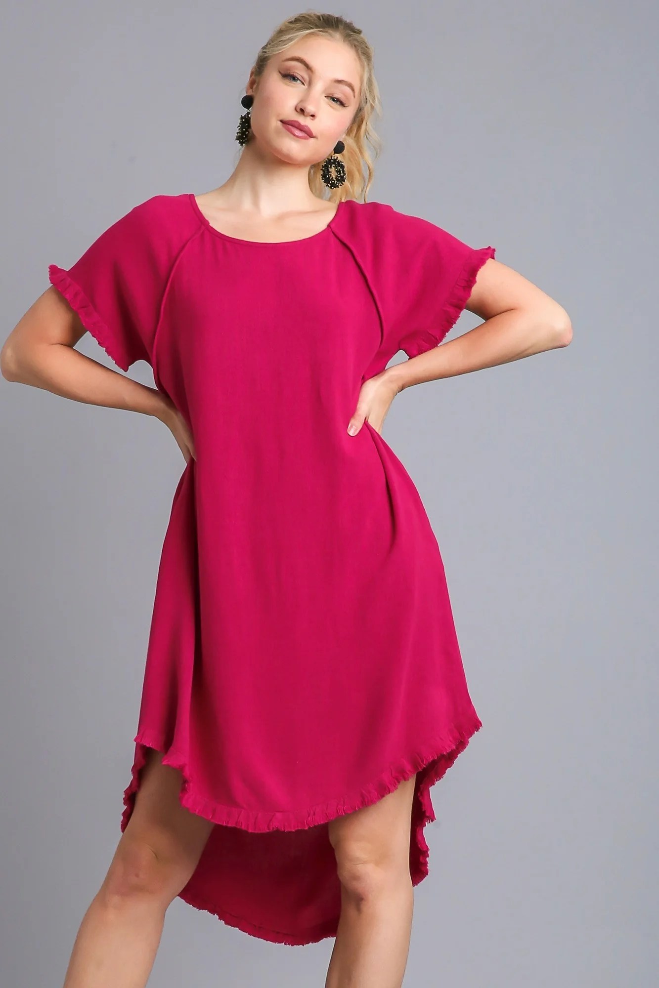 Umgee Ruby High Low Linen Blend Dress with Frayed Details FINAL SALE