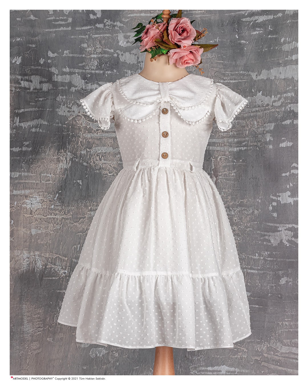 Girls Embossed Cotton Dress with Flower Belt (58Y) Junior Kids