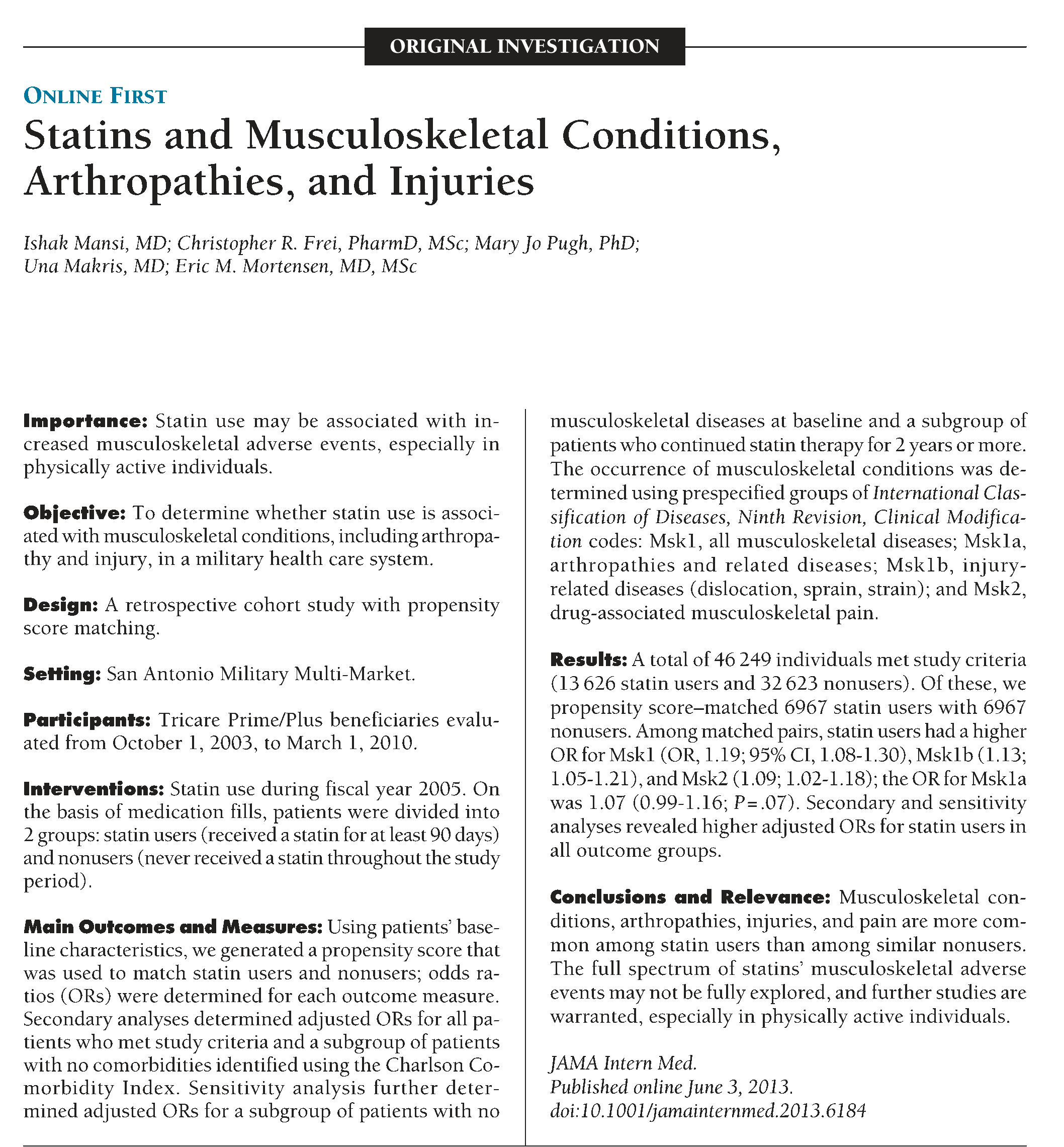 Claim Statins associated with muscle, joint injury