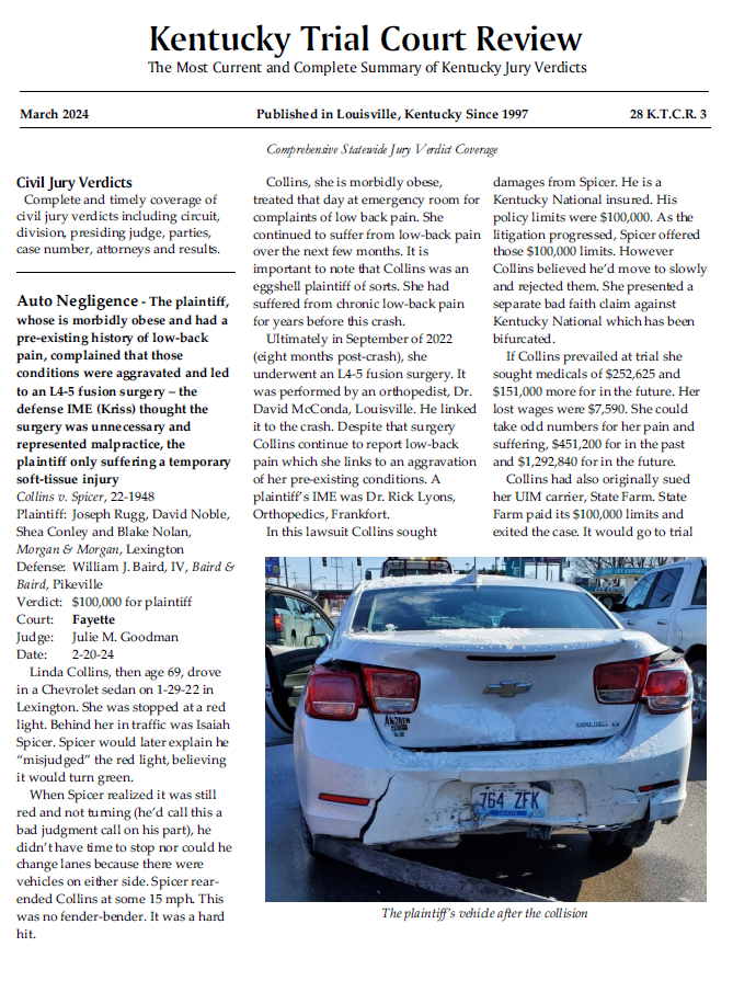 Jury Verdict Reporter The Kentucky Trial Court Review Comprehensive