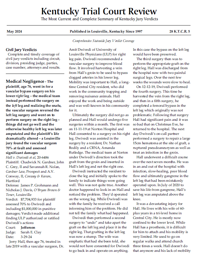 Jury Verdict Reporter The Kentucky Trial Court Review Comprehensive