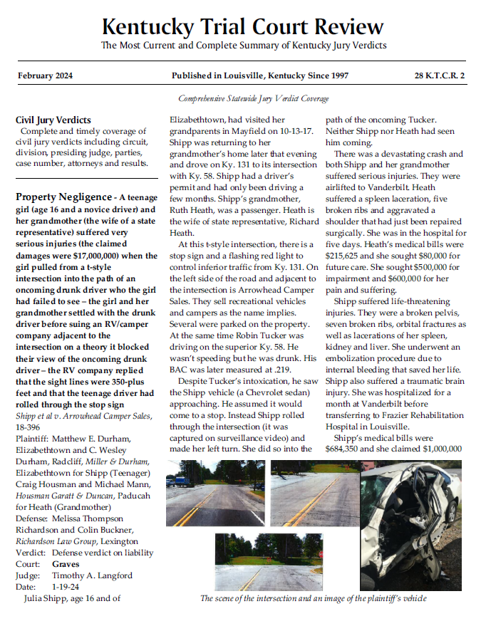 Jury Verdict Reporter The Kentucky Trial Court Review Comprehensive