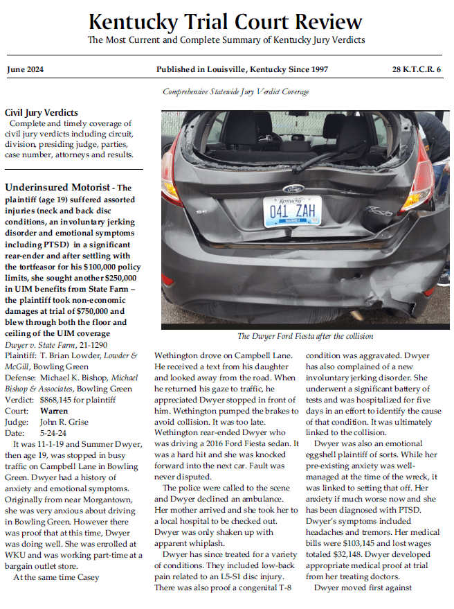 Jury Verdict Reporter The Kentucky Trial Court Review Comprehensive