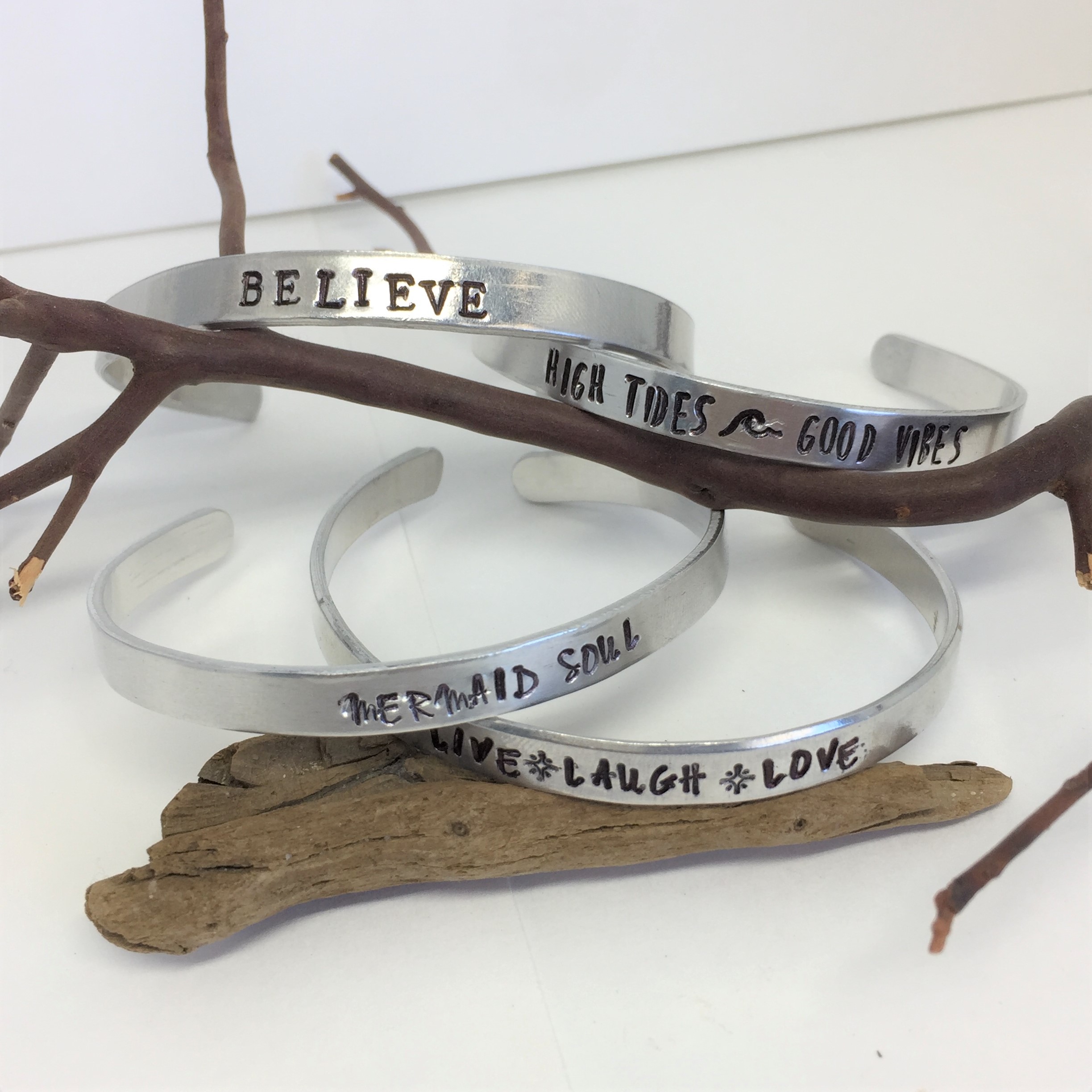 Inspirational Bangle Bracelet Hand Stamped Believe Just Bead It