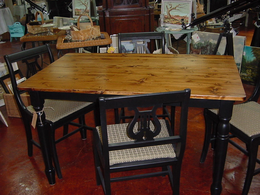 Country FARM TABLE with Four (4) Black Upholstered Harp Back Chairs