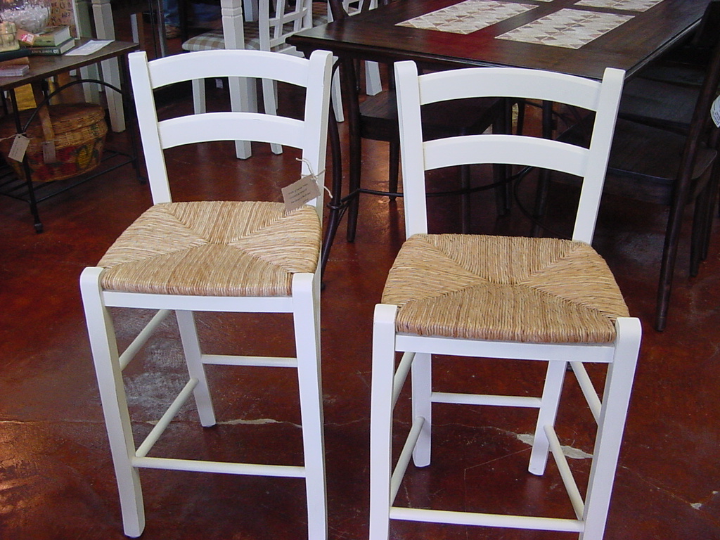 Pair of RUSH SEAT BAR STOOLS in Lightly Distressed COTTAGE WHITE Just
