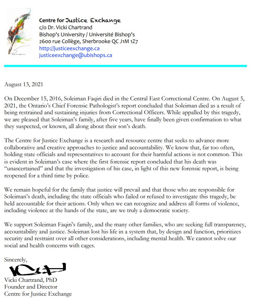 Statement from the Centre for Justice Exchange Justice For Soli