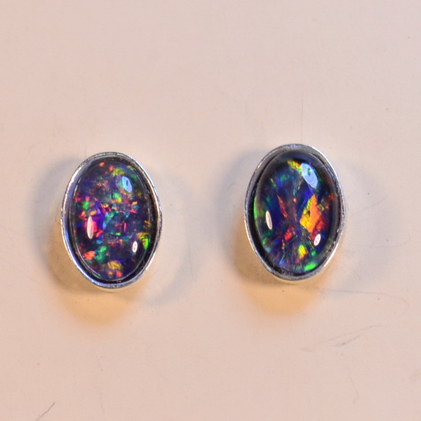 Solid sterling silver genuine Australian opal triplet earrings (13334