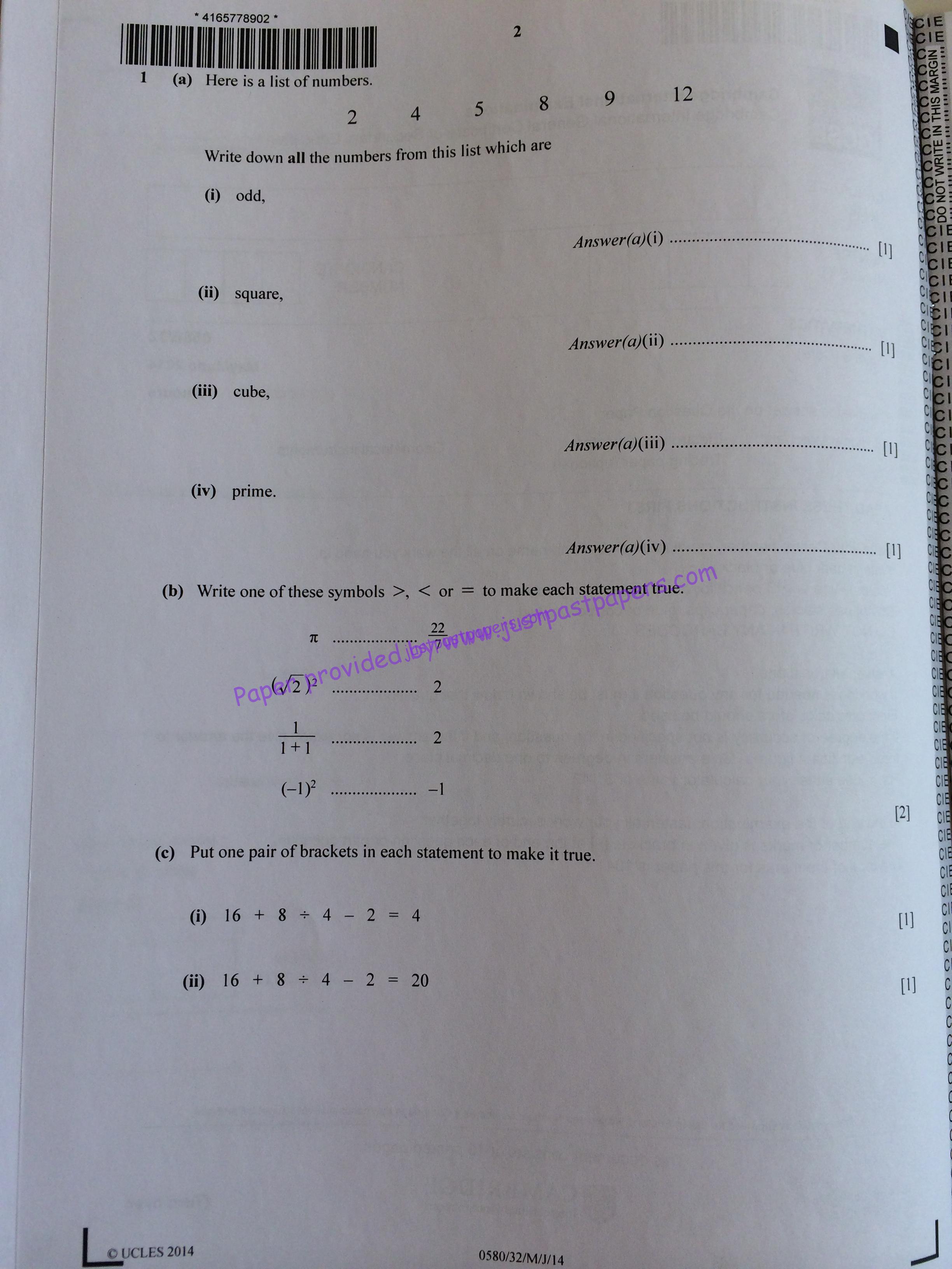 CIE 0580, IGCSE Core, Paper 32, May/June 2014 Mathematics Question paper