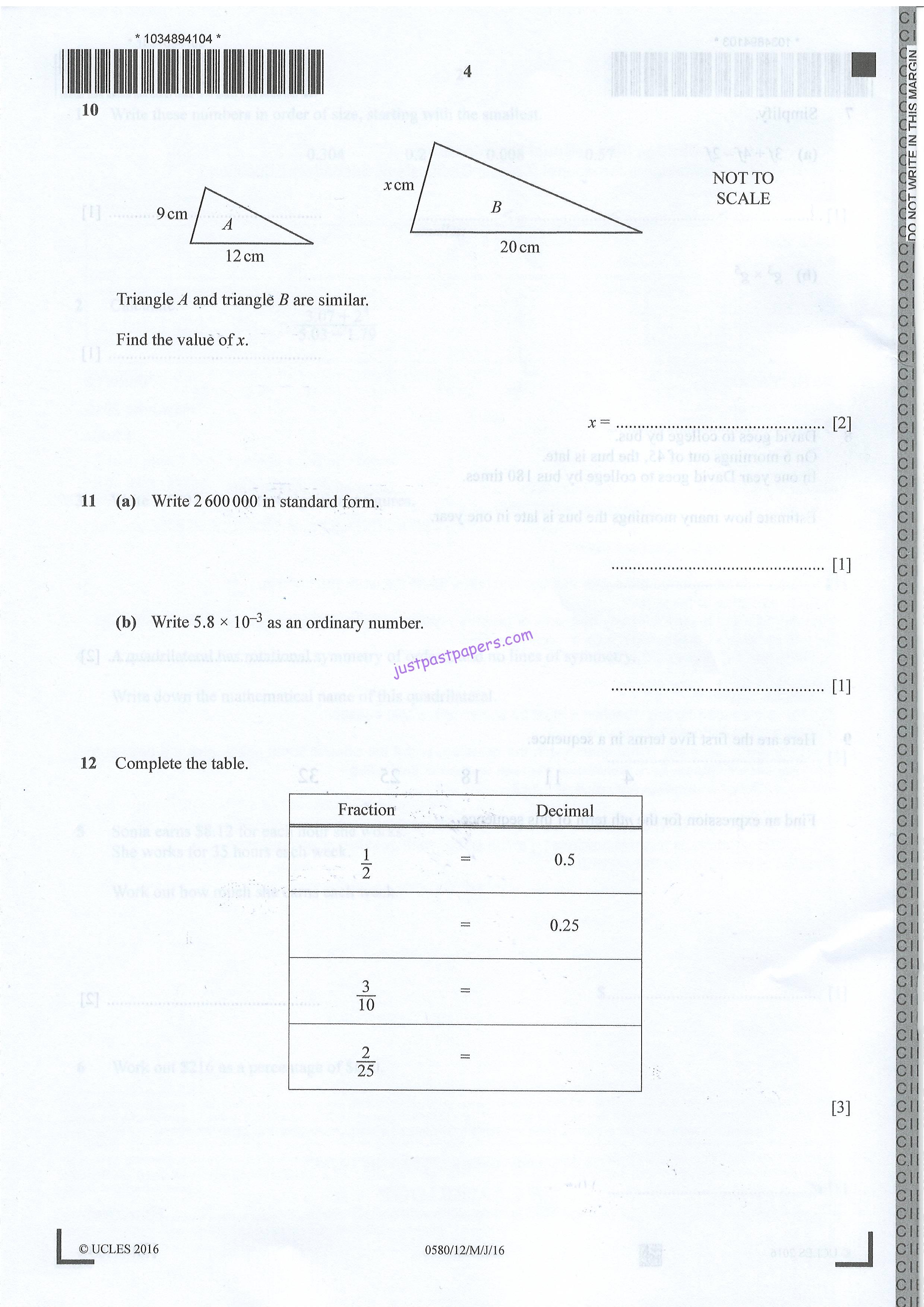 CIE 0580 MATHEMATICS (Core), PAPER 12 , MAY/JUNE 2016 Question Paper