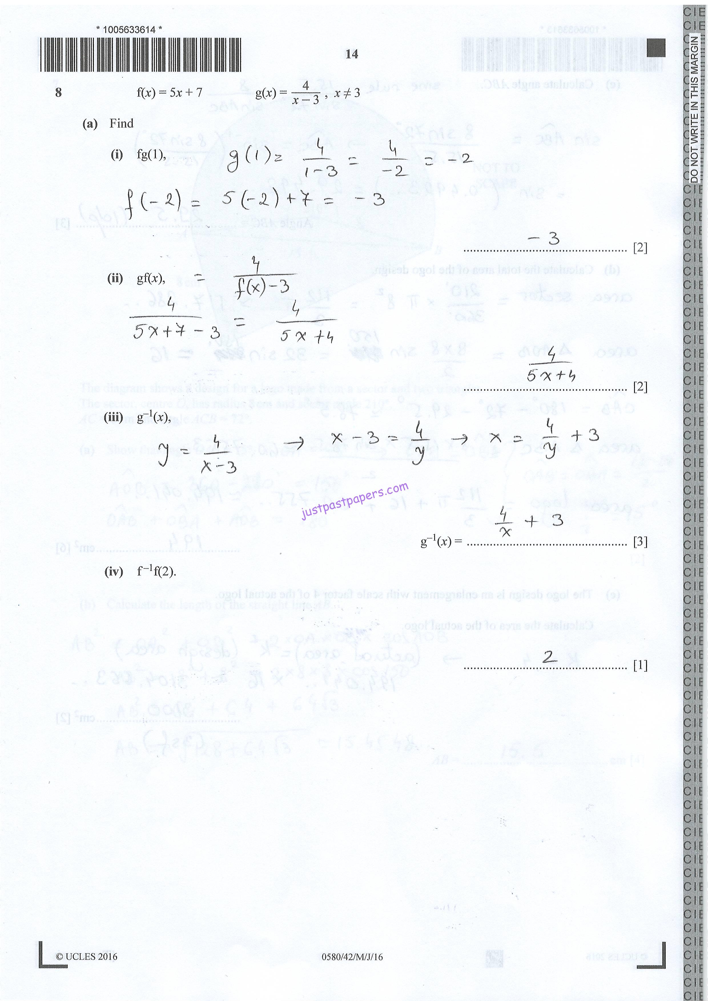 CIE 0580 MATHEMATICS, Extended, IGCSE, PAPER 4, MAY/JUNE 2016 ANSWERS