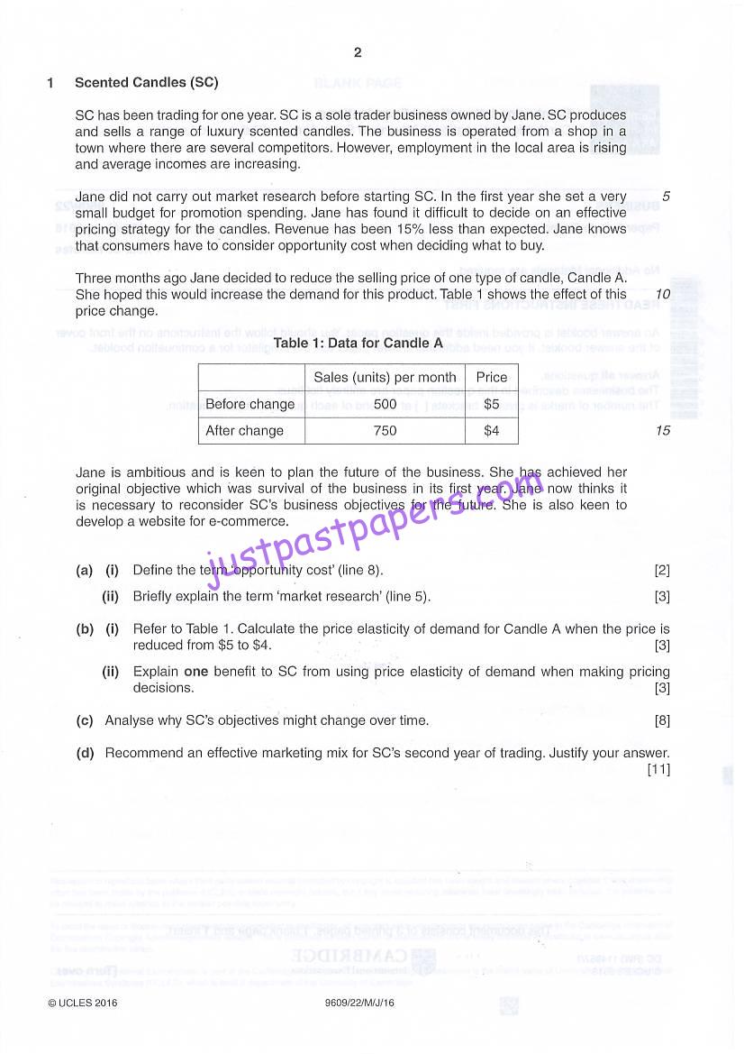 CIE 9609, Business, AS/A LEVEL, PAPER 2,Data response, MAY/JUNE 2016