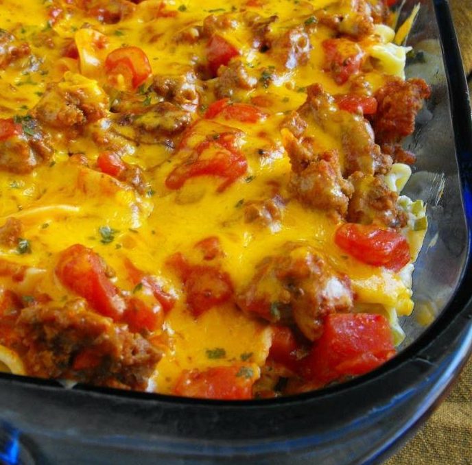 This Beef Lombardi is a hearty casserole with ground beef, egg noodles
