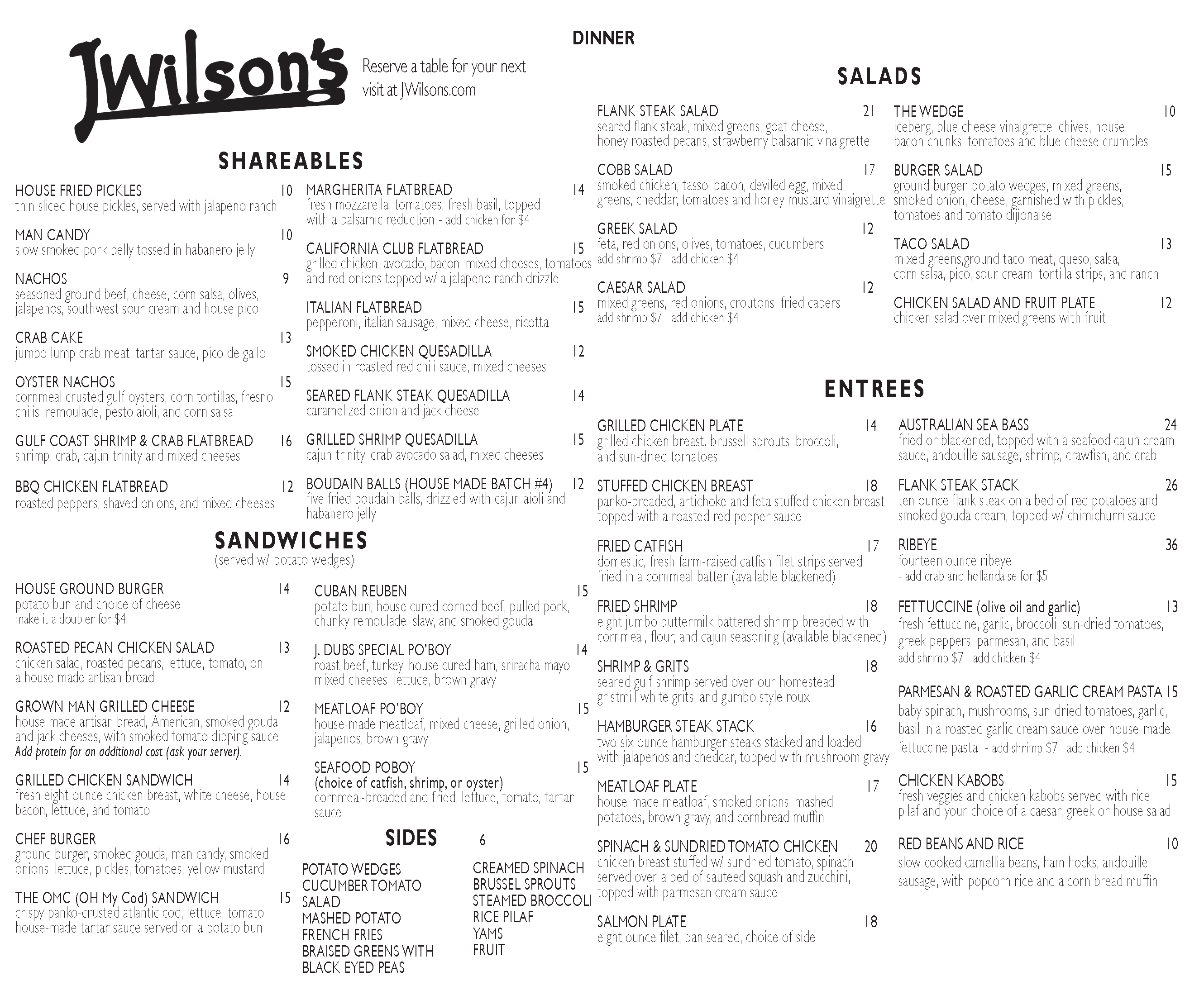 Menu JWilson's