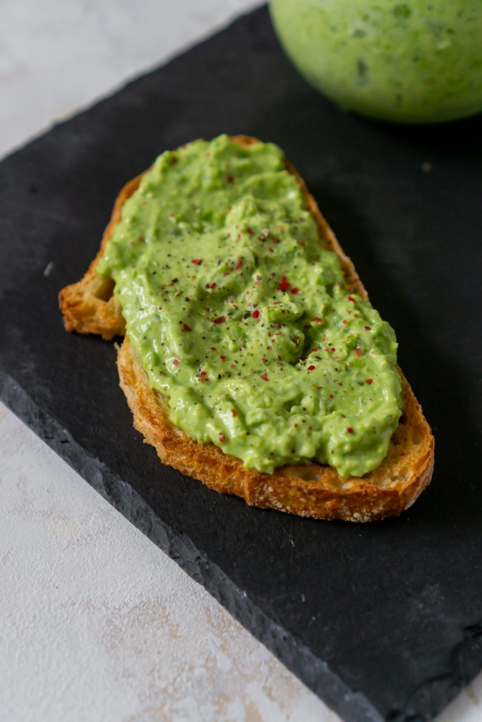pea pesto on a slice of toast