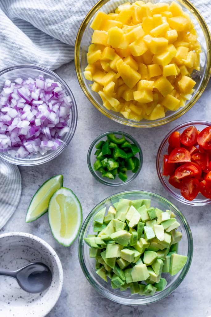 salsa ingredients in small bowls