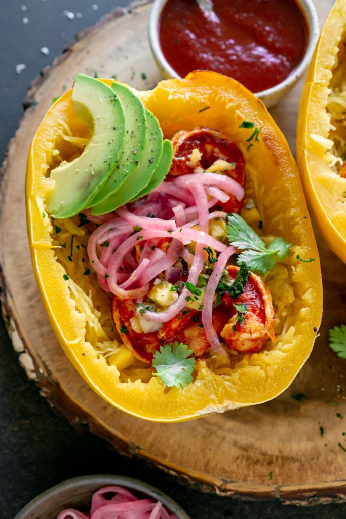 bbq shrimp spaghetti squash boat with avocado