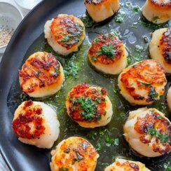 seared scallops on a black plate